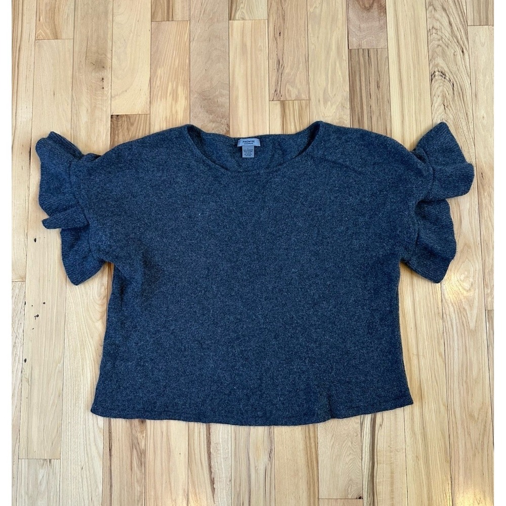 Premise Women's 100% Cashmere Poncho Ruffle Sweater Short Sleeve Gray